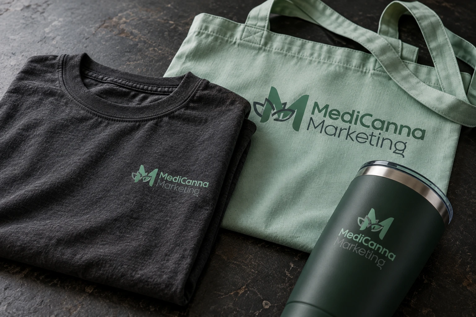 MediCanna branded apparel, tote, and drinkware concept set