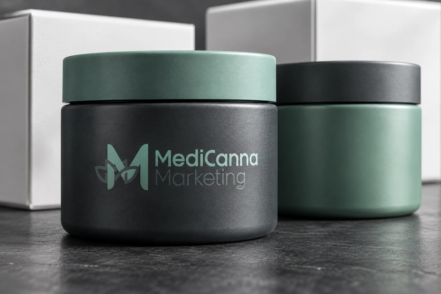 Branded opaque jars with closed lids, shown as packaging concepts