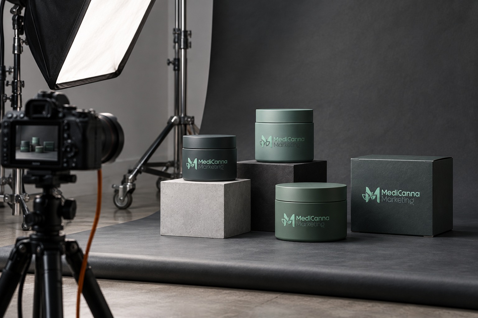 A product photography set with a charcoal backdrop, camera on a tripod, softbox lighting, and closed MediCanna-branded jars and packaging