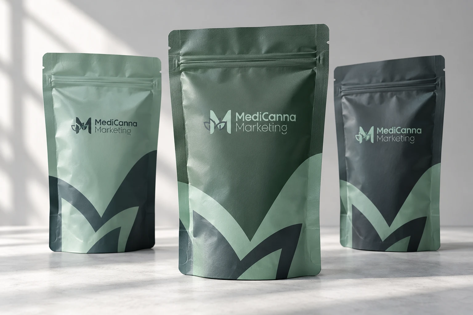 Branded sealed pouches in mint and deep green, shown as packaging concepts